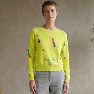 Brodie Fine Cashmere Neon Yellow Rainbow Foil Paint Splatter Sweater Med Luxury